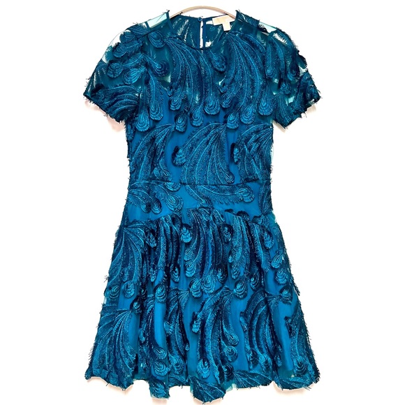 Michael Kors Feather Embroidered Dress Size 2 Luxe Teal Cocktail Semi-Formal - Picture 1 of 15